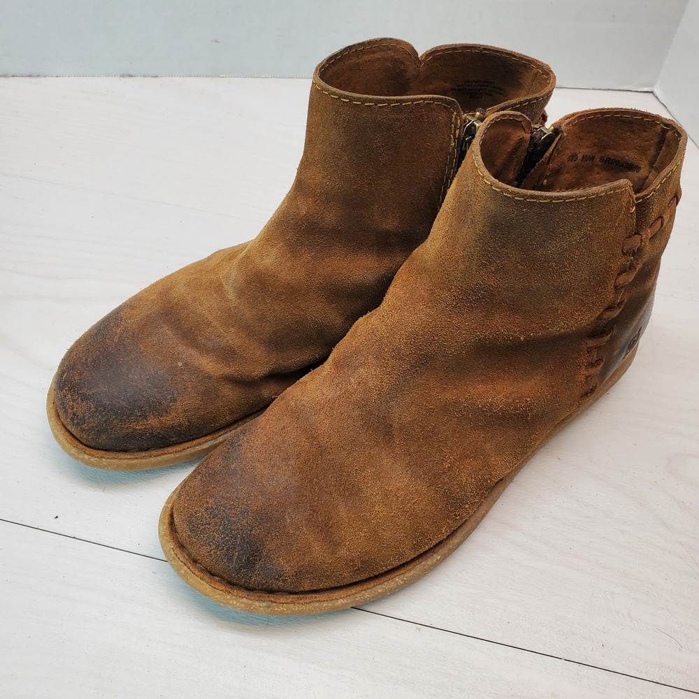Born Brown Suede Ankle‎ Boots Distressed Whipstitch Zip Size 8 Boho Festival 90s
